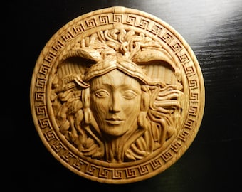 Wood carved picture wall decoration plaque. Medusa from Greek mythology.
