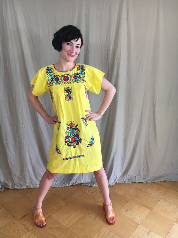 Vintage 1960s Yellow Summer Folk Dress Size S/M