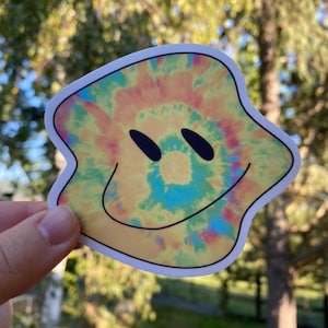 Hazy smiley face sticker | waterproof sticker | melted smiley | tie dye smiley face sticker | gift for him | melted tie dye sticker