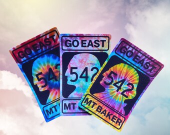 Go East 542 Mount Baker Highway Tie Dye Waterproof Vinyl Sticker | Gift for Him | Snowboarding Skiing Bumper Sticker | Laptop Car Sticker