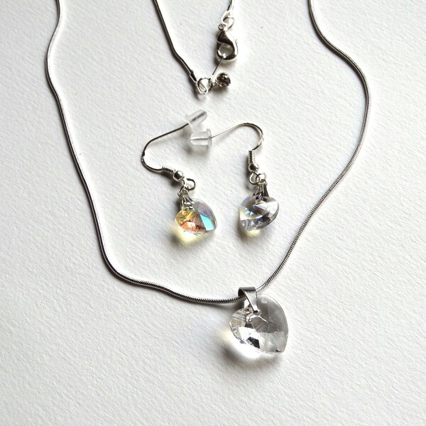 Set earrings and clear Crystal heart pendant / gift idea for woman, Christmas, Valentine's day, mother's day, birthday