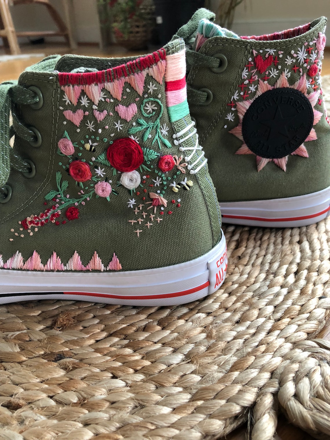 Embroidered Floral Converse Sneakers Womens Size 8 High Top Etsy