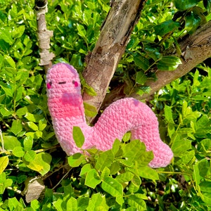 May include: A pink crocheted worm plush toy with a smiling face. The worm is curled up in a bush with green leaves.