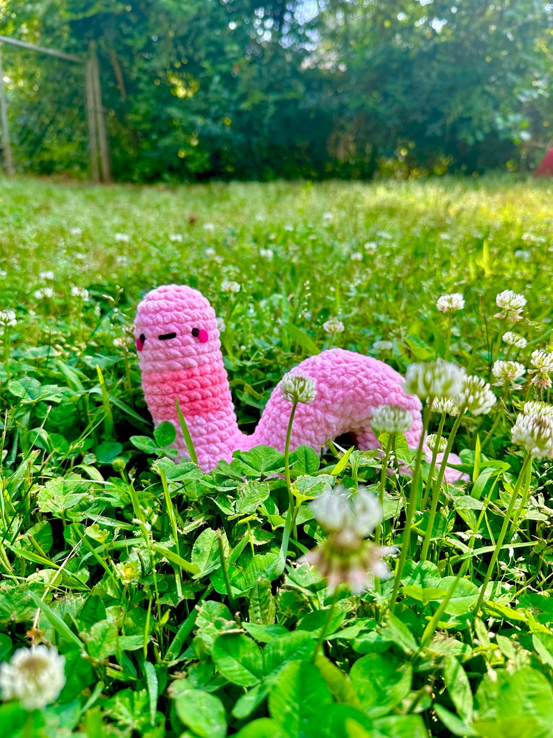 May include: A pink crocheted worm toy with a happy face, sitting in a field of green grass and white clover flowers.