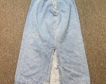 Eddie Bauer Jeans-Midirock, Größe 10P, Damen, Blau, 90er-Jahre-Boho-Stil, Schlitz vorne, Knopfleiste