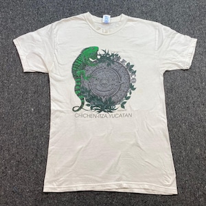 May include: A cream-colored short-sleeve t-shirt featuring a green iguana graphic wrapped around a gray circular stone calendar design. The text "MEXICO" is printed along the side, with "CHICHEN-ITZA, YUCATAN" printed below the graphic.