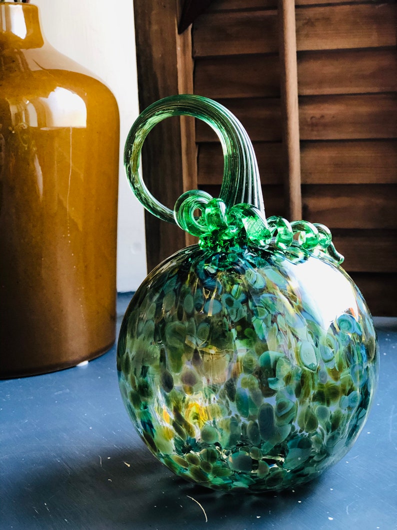 Hand Blown Green and Blue Glass Pumpkin