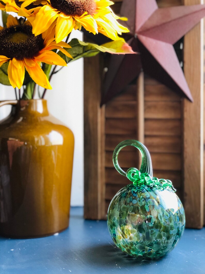 Hand Blown Green and Blue Glass Pumpkin