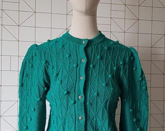 Vintage Lanamoden Salzburg green cardigan, Austrian puffy sleeves Cardigan,RARE Vintage Austrian Folk WOOL Cardigan,emerald knitted cardigan