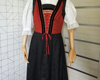 Vintage Original Alphorn Dirndl Dress, Octoberfest Dress, Black Red Bavarian Dress, Festival Dress, Austrian Folk Dress and Apron, Set of 2