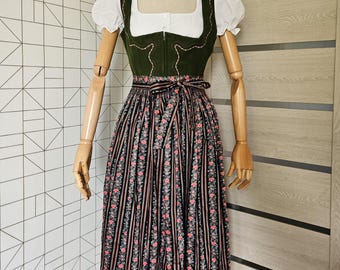 Vintage alpenhoorn-dirndl-jurk, groenroze Beierse Oktoberfest-jurk, bloemenprint, maat 44