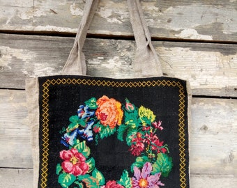 Vintage big bag with hemp threads and hand embroidered,Hemp thread, Handbag, Hemp bag, Handmade, ladies, organic bag, natural bag,Market Bag