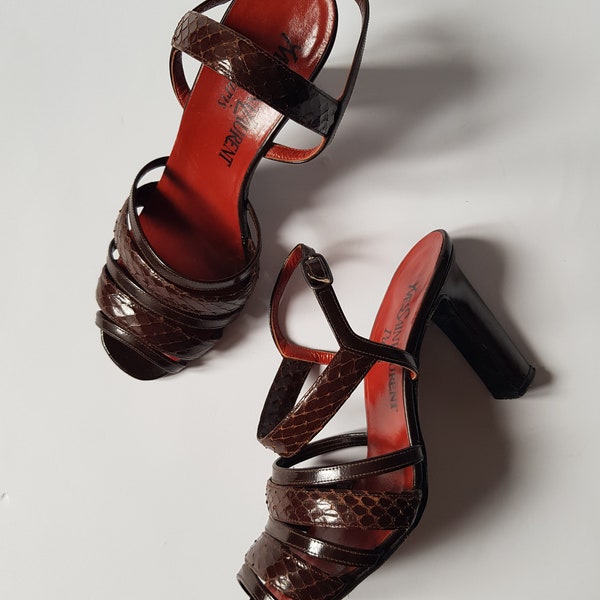 Vintage Yves Saint Laurent pumps leather reptile style, heeled sandals, brown vintage sandals, open tip leather pumps Size 6M