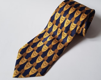 Vintage Lanvin Paris Silk Necktie, Gold Blue Printed Tie, Made in France