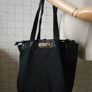 Vintage MOSCHINO Bag, Moschino Busket Bag, Black Nylon Moschino Shoulder Bag, Leather Medium Bag with Gold Lettering, Made in Italy, Gift