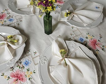 Vintage Linen Embroidered Tablecloth and 6 Napkins, Flowers Print Tablecloths, Farmhouse Decor, Tea Party