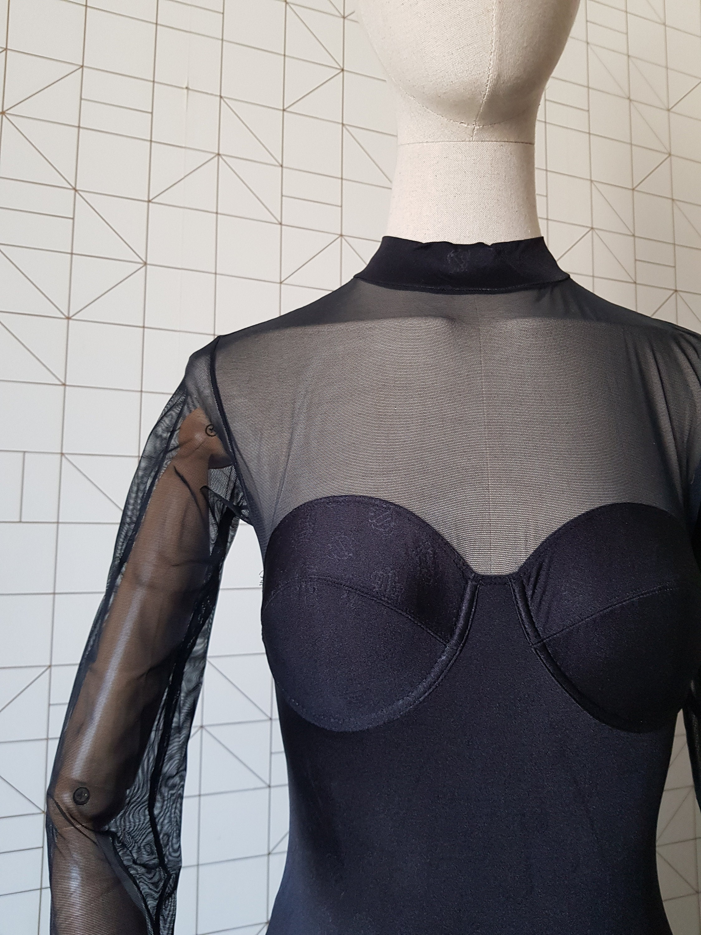 エレガント♪【Dior】ロゴ入り アシンメトリー ボディスーツ Vintage CHRISTIAN DIOR Insignia Logo Monogram Black Bodysuit