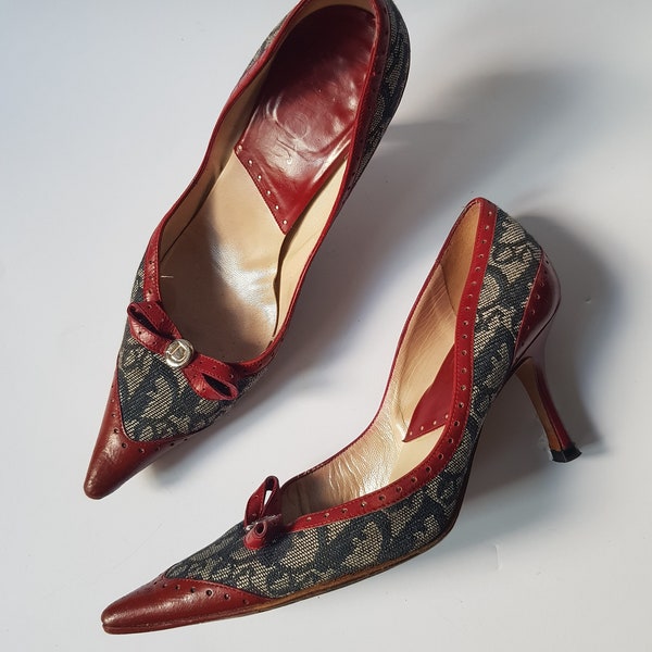 Christian Dior Monogram Pointed Toe Pumps With Red Trim Size 35 1/2, Classic Christian Dior Heels, Dior Made in Italy, Gift For Her