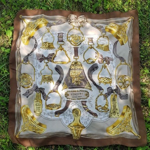 Vintage Hermes Scarf &quot;ETRIERS&quot;, 100% Silk Scarf, brown gold Hermes Scarf, Hermes Scarf 90 cm