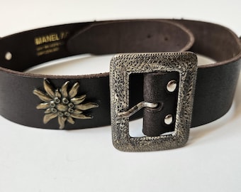 Vintage bruine leren riem, Zwitserse edelweiss-volksdesignriem, 88 cm
