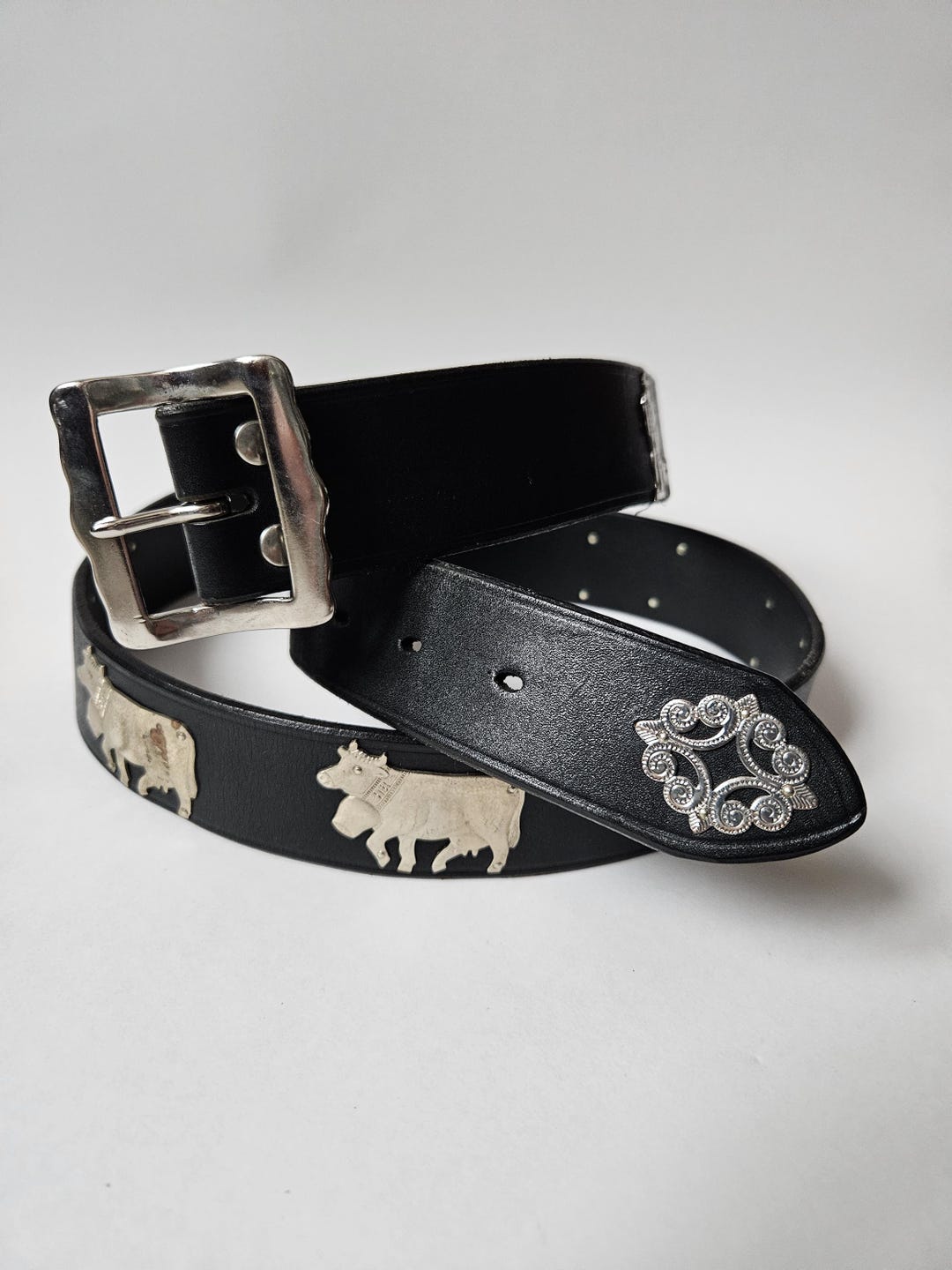 Vintage Swiss Leather Belt, Folk Cow Details, Handmade Appenzeller