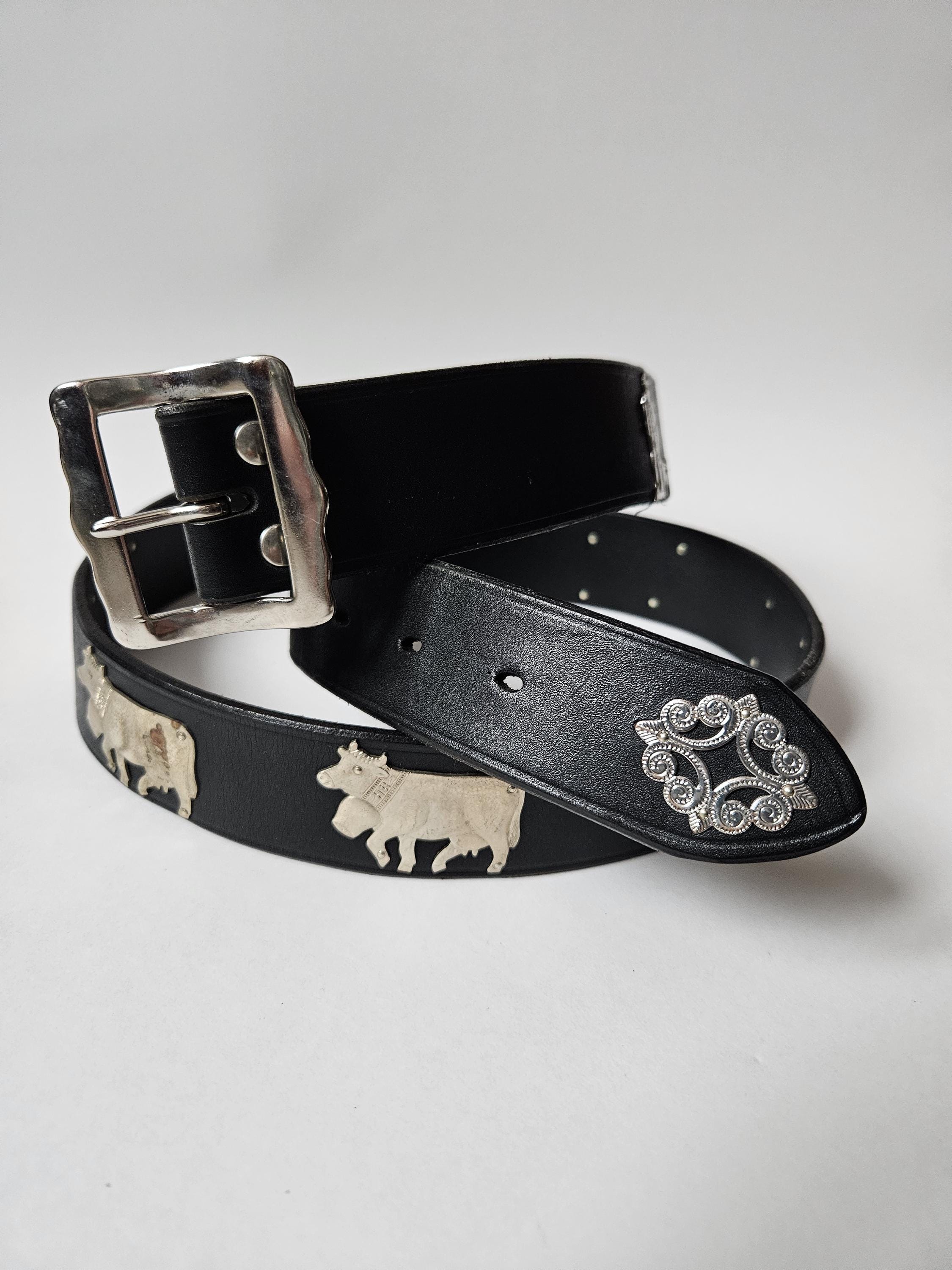 Vintage Swiss Leather Belt, Folk Cow Details, Handmade Appenzeller