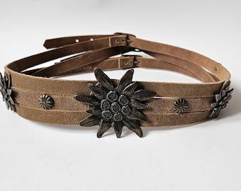 Vintage bruine leren riem, Zwitserse edelweiss-volksdesignriem, 90 cm