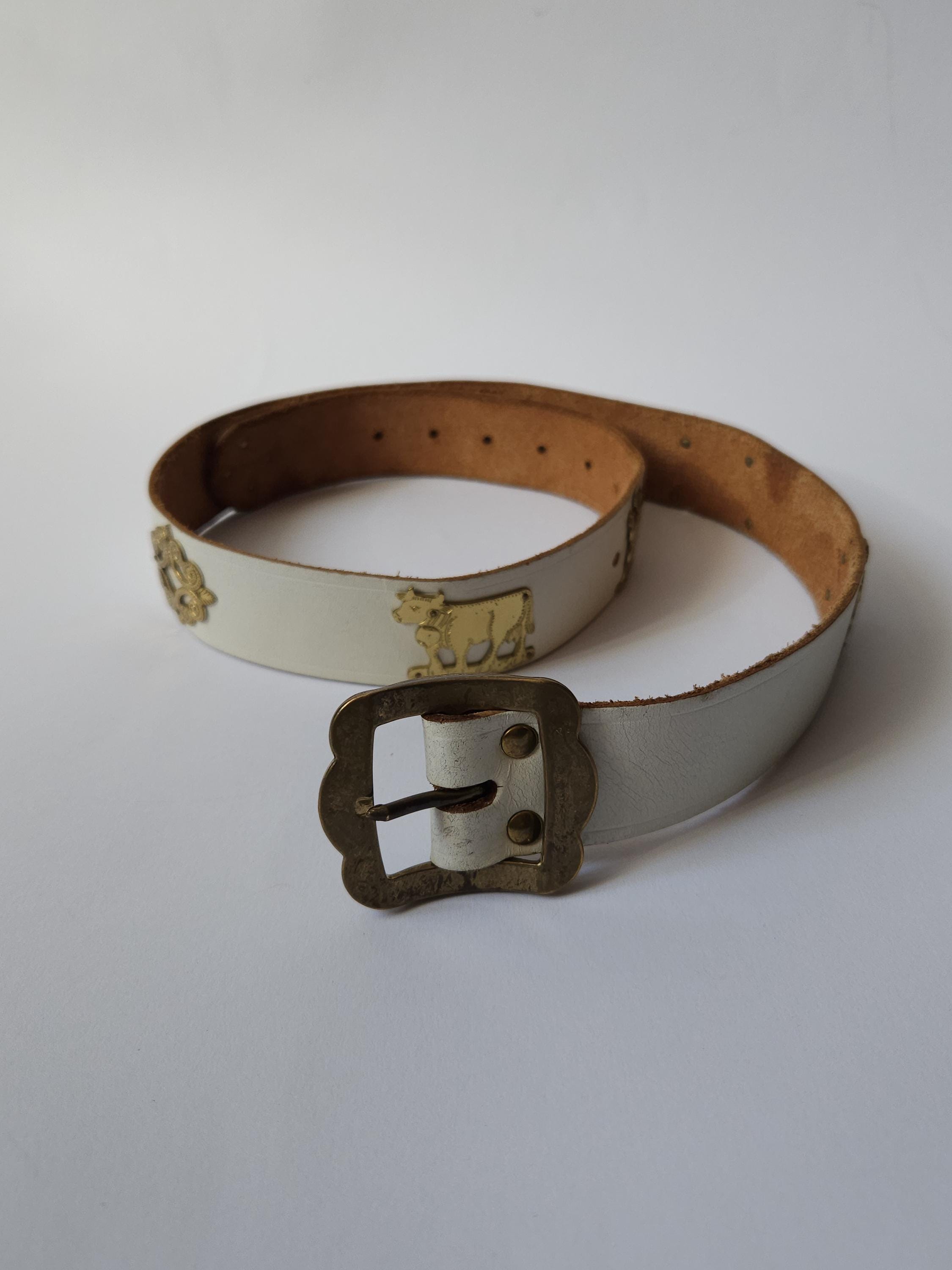 Vintage White Leather Belt Brass Cow Herder Swiss Folk Art Cottagecore 33 Inch Appenzeller Cow Belt - Etsy main image 3