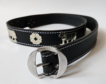 Vintage Zwitserse leren riem, volkskoeiendetails, handgemaakte appenzeller, grote riem, 120 cm