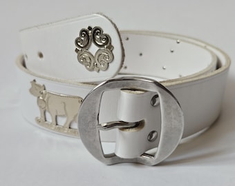 Vintage Zwitserse leren riem, witte koeiendetails, handgemaakte Appenzeller, 92 cm