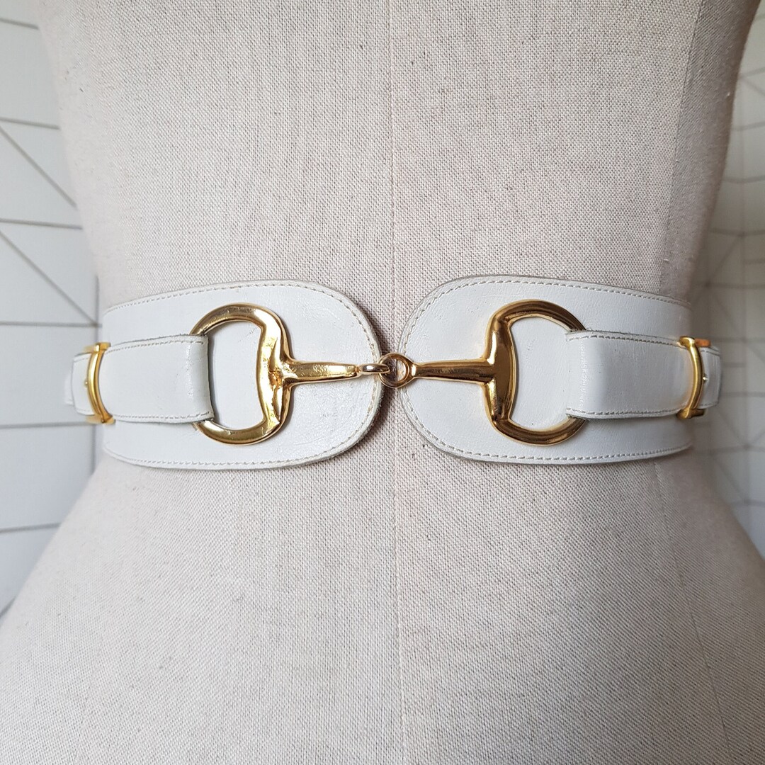 Vintage CELINE Paris Leather Belt, VINTAGE White Horsebit Leather Belt