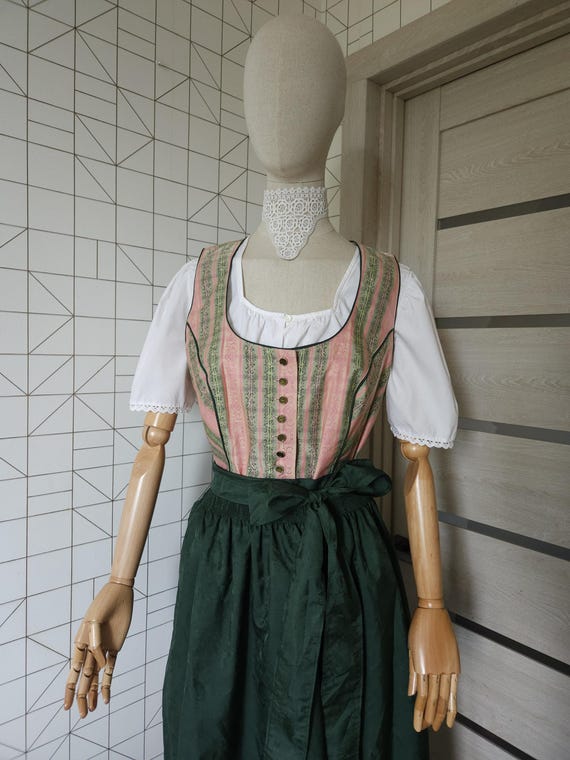 Vintage Alphorn Dirndl Dress, Green Black Bavarian Outfit, Size 48 (Set of 4)