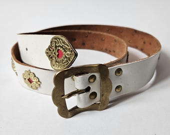 Vintage Zwitserse leren riem met koedetails, witte handgemaakte volksriem, Appenzeller, 95 cm