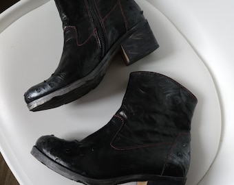 Czarne skórzane botki Papucei, ręcznie robione buty motocyklowe na obcasie, rozmiar 37