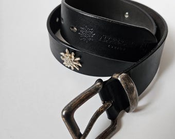 Vintage zwarte leren riem, Zwitserse edelweiss-volksdesignriem, 99 cm
