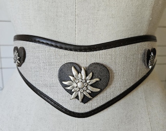 Vintage suède dirndlriem, Oktoberfest-volksriem met edelweiss, 90 cm