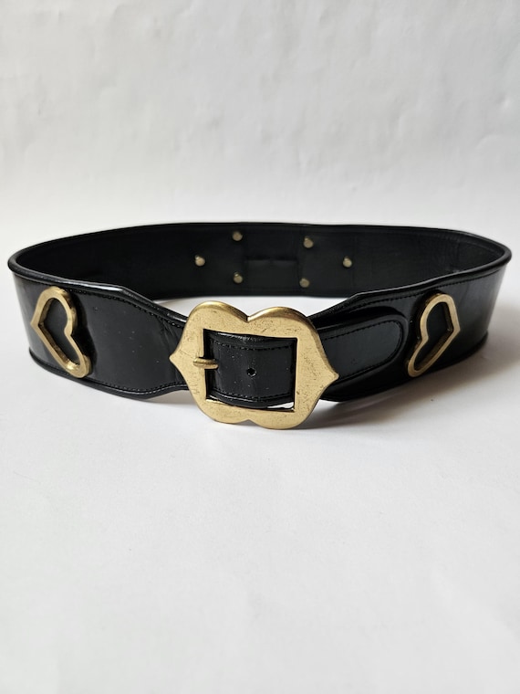 Vintage Black Leather Belt, Hearts Buckle, Women display picture 3