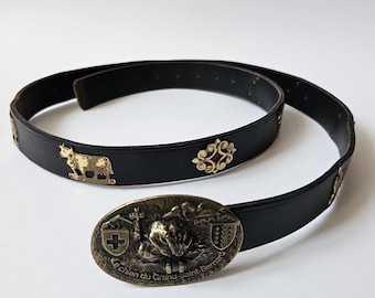 Vintage Zwitserse leren riem, volkskoeiendetails, handgemaakte appenzeller, grote riem, 123 cm