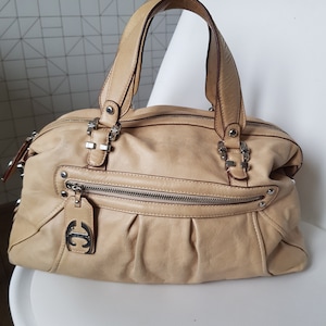 Vintage Just Cavalli bag, Roberto Cavalli Beige bag, Vintage Leather Shoulder Bag, Genuine Leather bag,Baguette Duffle Barrel Zipper Bag