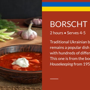 Peut inclure: Un bol de bortsch ukrainien traditionnel avec une cuillerée de crème sure, servi avec du pain grillé, des oignons verts et de l'aneth. L'image comprend le texte "BORSCHT" et "Housekeeping from 1959."
