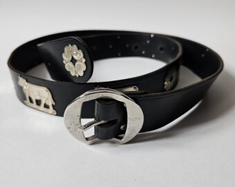 Vintage Zwitserse leren riem, volkskoeiendetails, handgemaakte appenzeller, grote riem, 125 cm