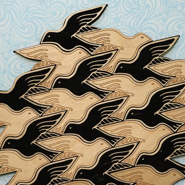 Bird Puzzle,  tessellation puzzle, Wood Puzzle, endless puzzle, mindgame, pattern puzzle, Black bird, Escher, framed wall art, home decor