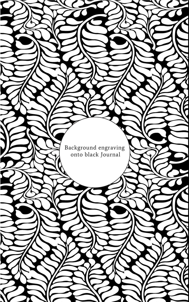 Puede incluir: Ilustraci&oacute;n en blanco y negro de un patr&oacute;n repetitivo de hojas estilizadas. El texto "Background engraving onto black journal" est&aacute; en un c&iacute;rculo en el centro de la imagen.