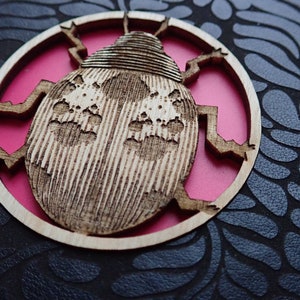 May include: A wooden cutout of a beetle with a detailed, striped pattern, mounted on a pink background within a circular wooden frame.