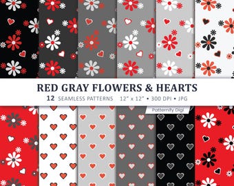 Red Gray Flowers and Hearts Digital Paper Pack, Seamless Patterns, Valentine Scrapbook Paper, 12 JPGs