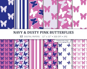 Navy Dusty Pink Butterfly Digital Paper, Seamless Patterns (12 JPG)