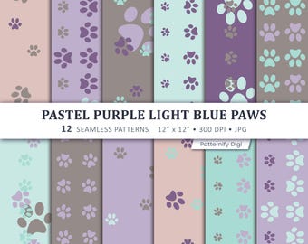Pastel Paw Print Digital Paper, Purple Blue Pet Scrapbook Paper, Cute Dog Paw Pattern, Seamless Printable Paper, 12 JPG Papers