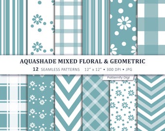 Aquashade Floral Geometric Digital Paper, Seamless Patterns, Scrapbook Backgrounds, Printable Paper Pack, DIY Craft Paper