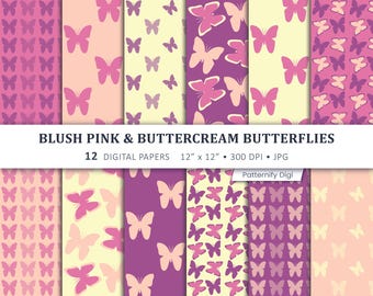 Blush Pink Buttercream Butterfly Digital Paper, Pink Butterfly Seamless Patterns, Pastel Scrapbook Paper, Printable Craft Paper