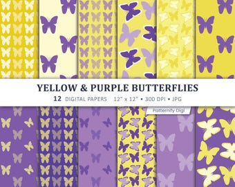 Yellow Purple Butterfly Digital Paper, Butterfly Seamless Patterns, Yellow Scrapbook Paper, Printable Craft Backgrounds, 12 JPGs